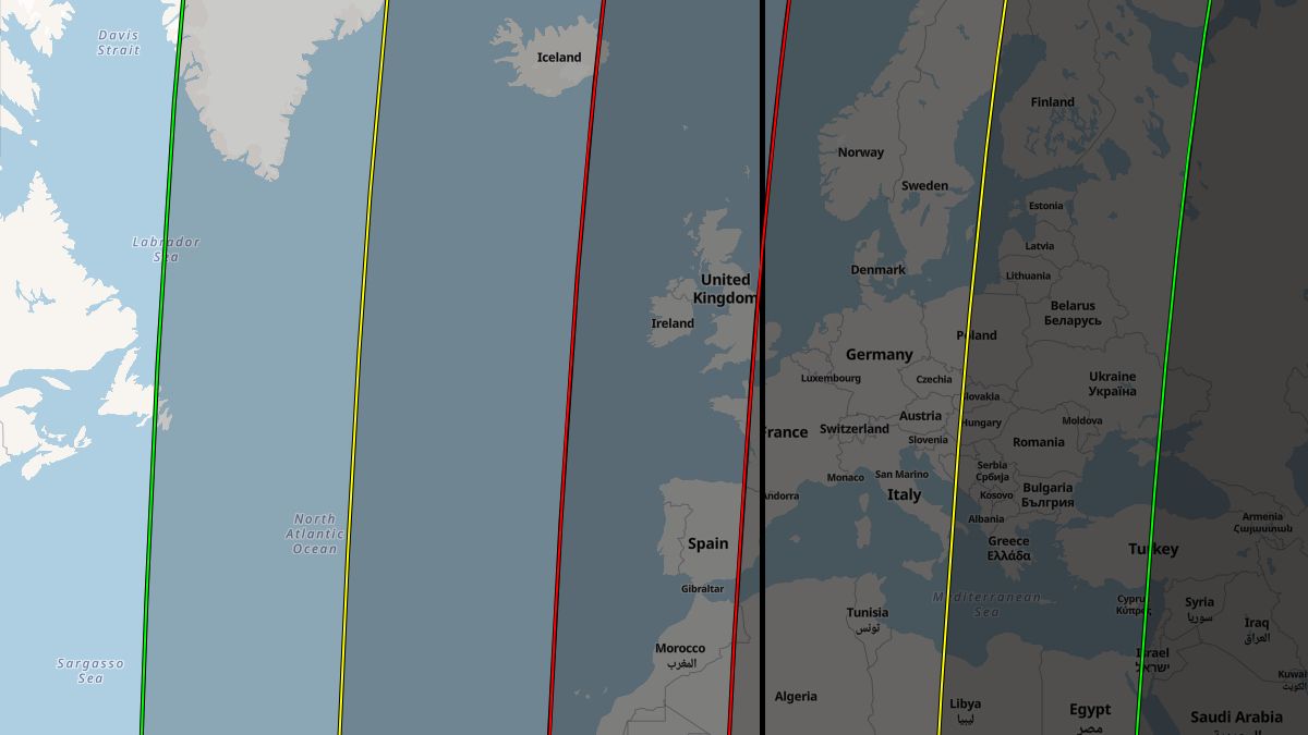 map showing the visibility of the total lunar eclipse across europe.