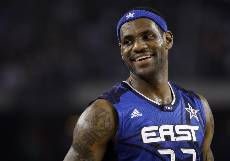 FILE - East All-Star LeBron James of the Cleveland Cavaliers smiles during the NBA All-Star basketball game Sunday, Feb. 14, 2010, at Cowboys Stadium in Arlington, Texas. (AP Photo/LM Otero, File)