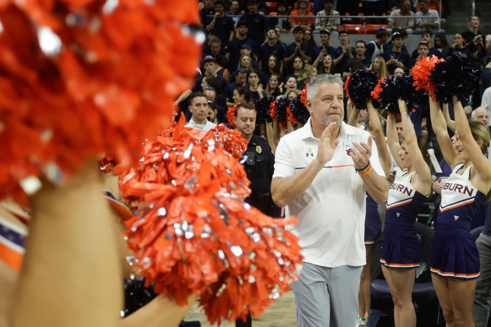 AUBURN, ALABAMA - FEBRUARY 4: Bruce Pearl head coach of the Auburn Tigers is introduced prior to a game against the Oklahoma Sooners at Neville Arena on February 4, 2025 in Auburn, Alabama. (Photo by Stew Milne/Getty Images)