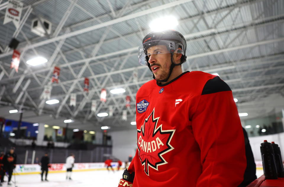 Sidney Crosby, pictured here at practice ahead of the 4 Nations Face-Off, led Canada to gold at the 2014 Olympics. (Vitor Munhoz/4NFO/World Cup of Hockey via Getty Images)