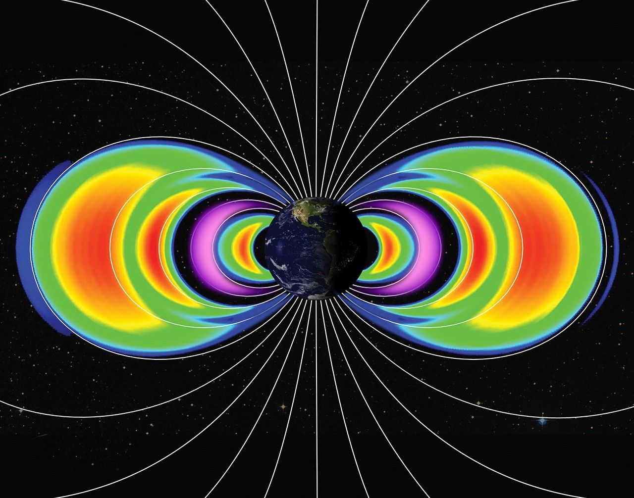 A dark Earth in space is central to many lines connected at the poles that loop out in large arcs from top to bottom. The inner most loops a shades of blue, green, red and yellow.