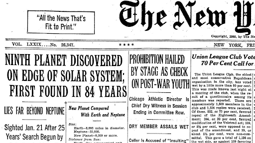 A front-page headline in the New York Times announcing the discovery of a ninth planet.