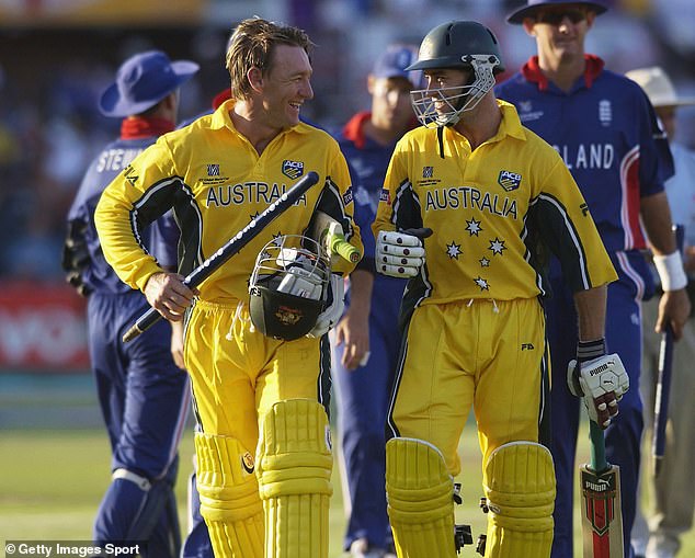 Bevan (right) walks off after crushing England's dreams at the 2003 World Cup