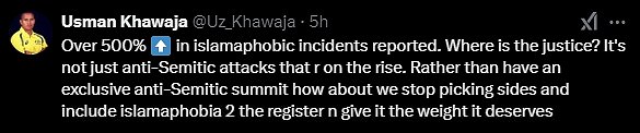 Khawaja also published multiple posts on X where he noted that there had been a 500 per cent increase in the number of Islamophobic incidents being reported