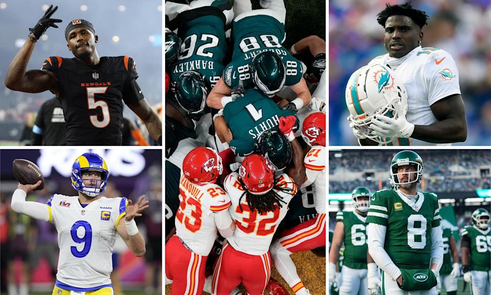 <span>Tee Higgins, the Tush Push, Tyreek Hill, Aaron Rodgers, and Matthew Stafford.</span><span>Composite: Getty Images, Reuters</span>