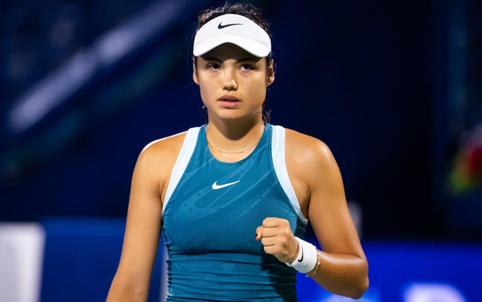 Emma Raducanu of Great Britain reacts while playing against Maria Sakkari of Greece during the first round on Day One of the Dubai Duty Free Tennis Championships, part of the Hologic WTA Tour at Dubai Duty Free Tennis Stadium on February 16, 2025 in Dubai, United Arab Emirates