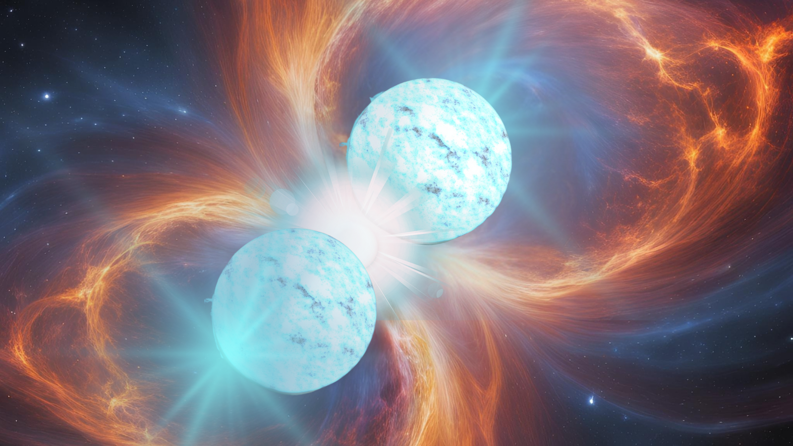 Two glowing white and blue orbs collide, surrounded by orange haloes