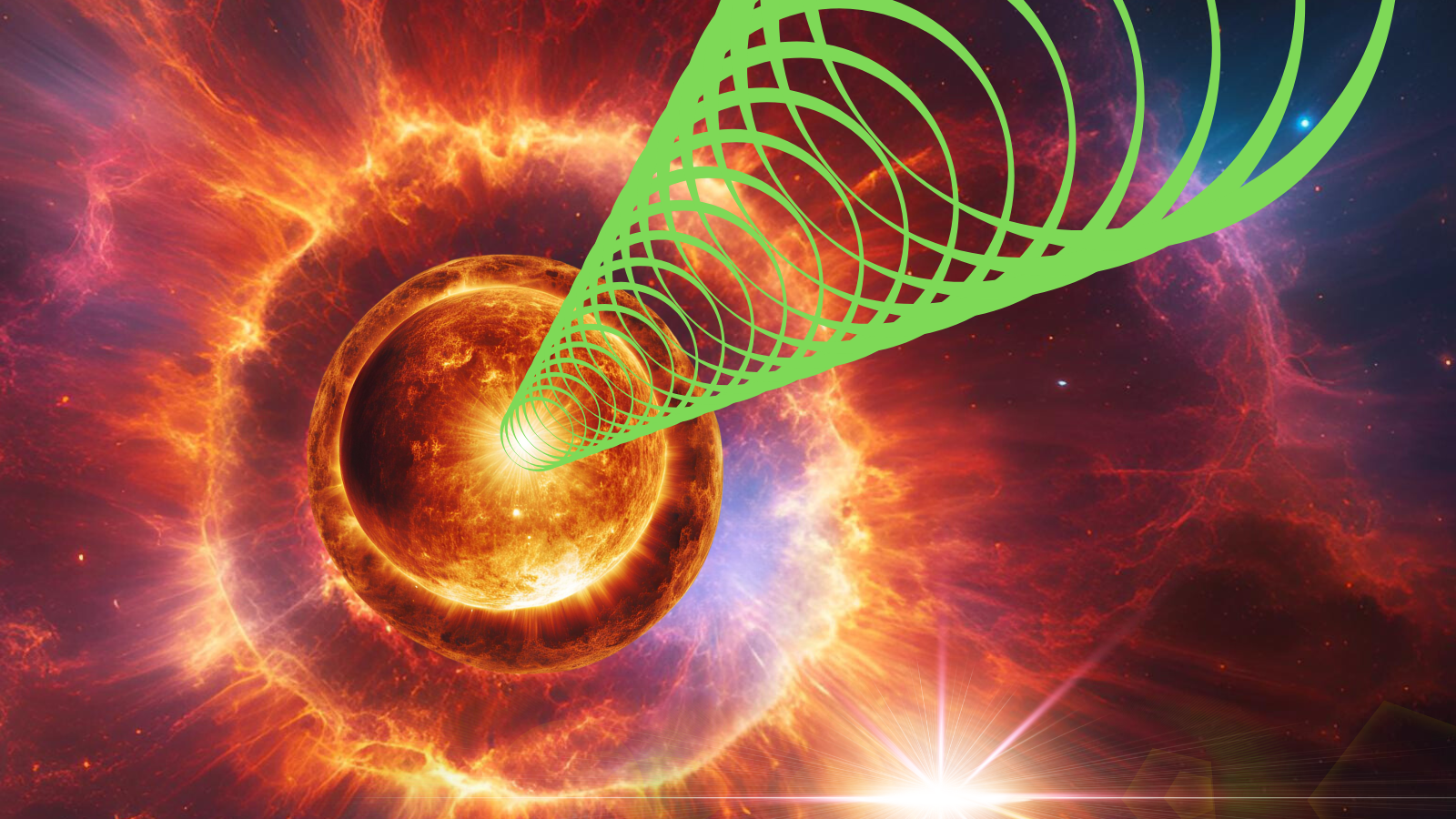 An illustration shows a gamma-ray burst erupting from a dying massive star