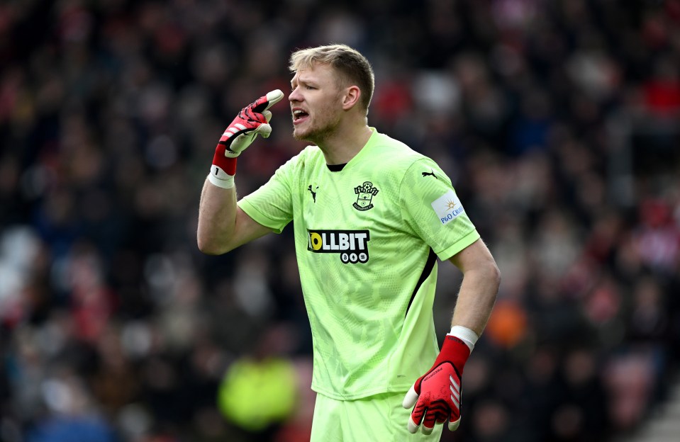 SOUTHAMPTON, ENGLAND - FEBRUARY 15: Aaron Ramsdale of Southampton reacts during the Premier League match between Southampton FC and AFC Bournemouth at St Mary's Stadium on February 15, 2025 in Southampton, England. (Photo by Mike Hewitt/Getty Images)