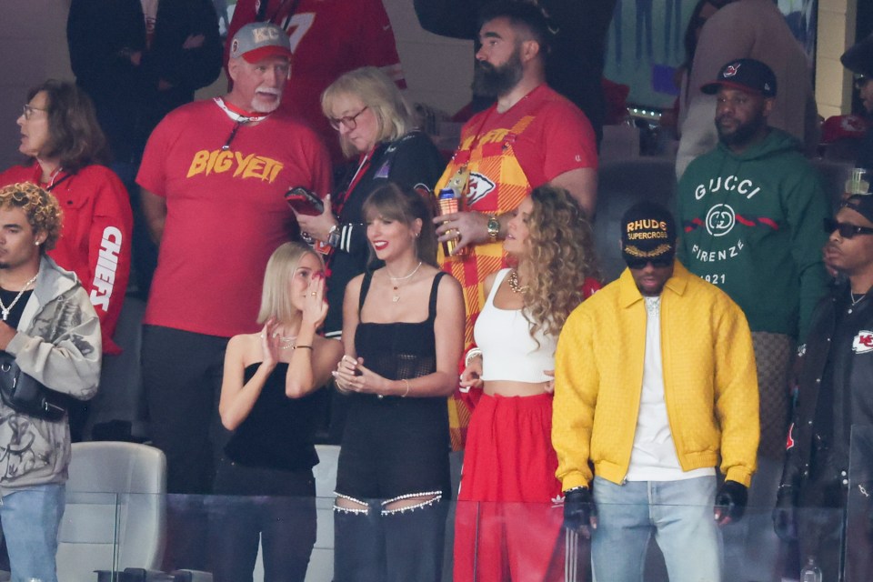 Taylor Swift, Donna Kelce, Jason Kelce and Blake Lively at the Super Bowl LVIII Pregame held at Allegiant Stadium on February 11, 2024 in Paradise, Nevada. (Photo by Christopher Polk/Billboard via Getty Images)