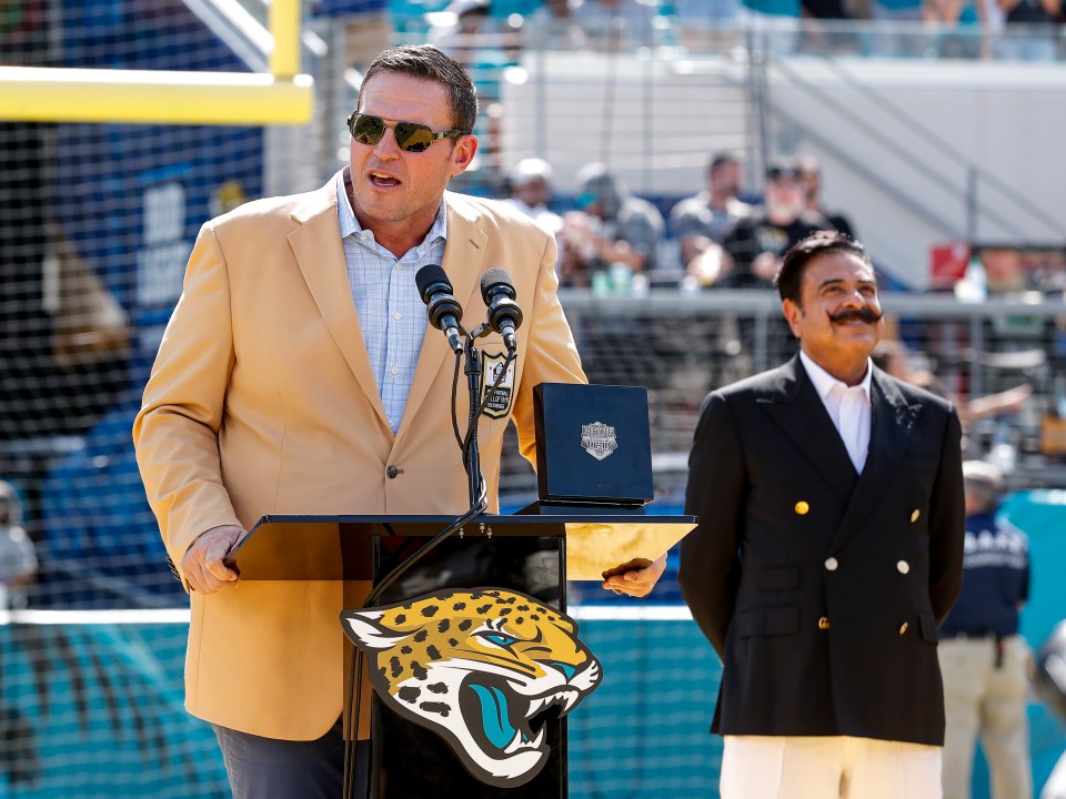 JACKSONVILLE, FL - OCTOBER 9: Former Tackle Tony Boselli of the Jacksonville Jaguars gives a speech after being presented with his official Pro Football Hall of Fame ring during half time of the game against the Houston Texans at TIAA Bank Field on October 9, 2022 in Jacksonville, Florida. The ring was presented to him by Jacksonville Jaguars Owner, Shahid Khan. Boselli is the teams first Pro Football Hall of Famer. The Texans defeated the Jaguars 13 to 6. (Photo by Don Juan Moore/Getty Images)