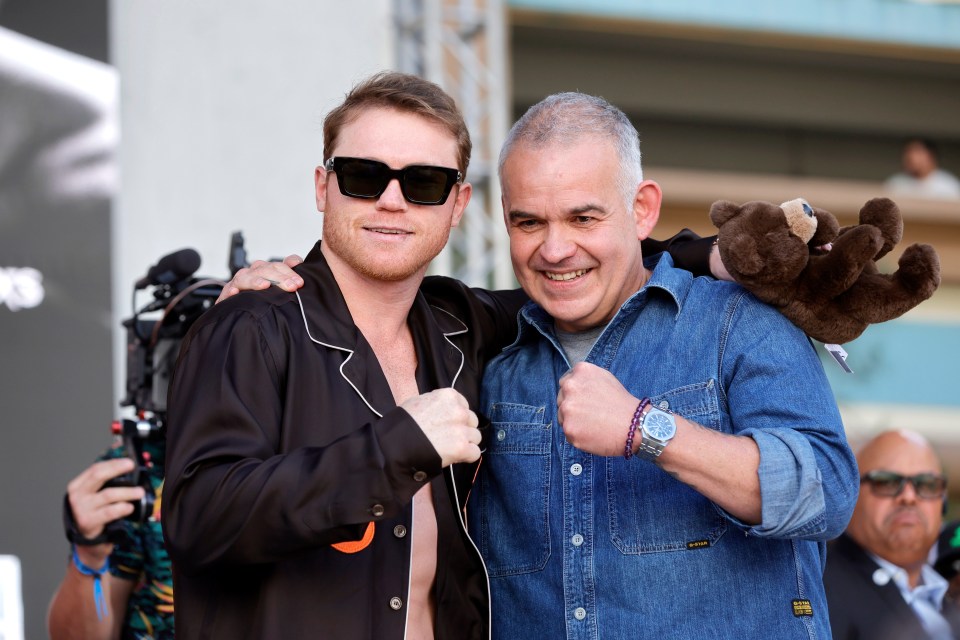 LAS VEGAS, NEVADA - SEPTEMBER 13: WBC/WBA/WBO super middleweight champion Canelo Alvarez (L) poses with Gilberto Mendoza, president of the World Boxing Association (WBA), during a ceremonial weigh-in in Toshiba Plaza at T-Mobile Arena on September 13, 2024 in Las Vegas, Nevada. Alvarez is scheduled to defend his titles against Edgar Berlanga at the arena September 14. (Photo by Steve Marcus/Getty Images)