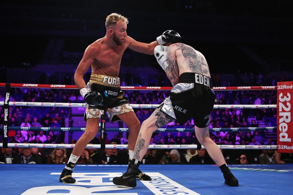 LIVERPOOL, ENGLAND - OCTOBER 05: Walter Fury punches Dale Arrowsmith during the Super Welterweight fight between Walter Fury and Dale Arrowsmith at M&S Bank Arena on October 05, 2024 in Liverpool, England. (Photo by Lewis Storey/Getty Images)