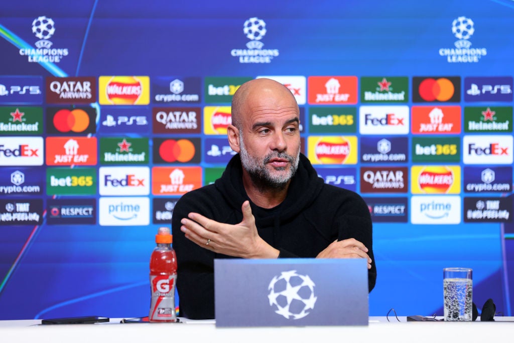 Pep Guardiola speaks to the media ahead of the first leg at the Etihad