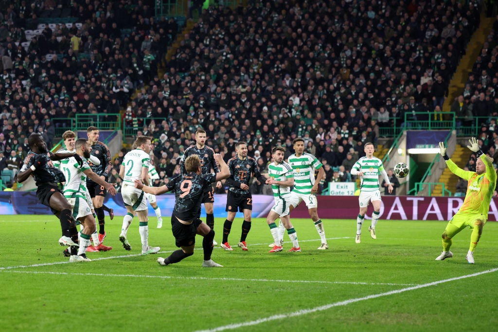 An unmarked Kane volleys past Schmeichel to score Bayern’s second