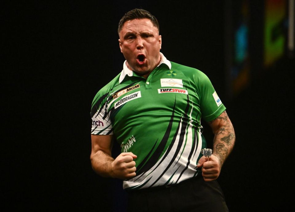 Dublin , Ireland - 20 February 2025; Gerwyn Price celebrates after winning their final match against Nathan Aspinall during night three of the BetMGM Premier League Darts at the 3 Arena in Dublin. (Photo By Ben McShane/Sportsfile via Getty Images)