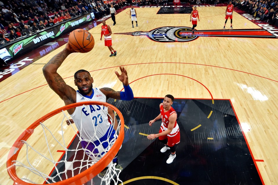 TORONTO, ON - FEBRUARY 14: LeBron James #23 of the Cleveland Cavaliers and the Eastern Conference goes up for a dunk in the first half against Stephen Curry #30 of the Golden State Warriors and the Western Conference during the NBA All-Star Game 2016 at the Air Canada Centre on February 14, 2016 in Toronto, Ontario. NOTE TO USER: User expressly acknowledges and agrees that, by downloading and/or using this Photograph, user is consenting to the terms and conditions of the Getty Images License Agreement.  (Photo by Bob Donnan - Pool/Getty Images)