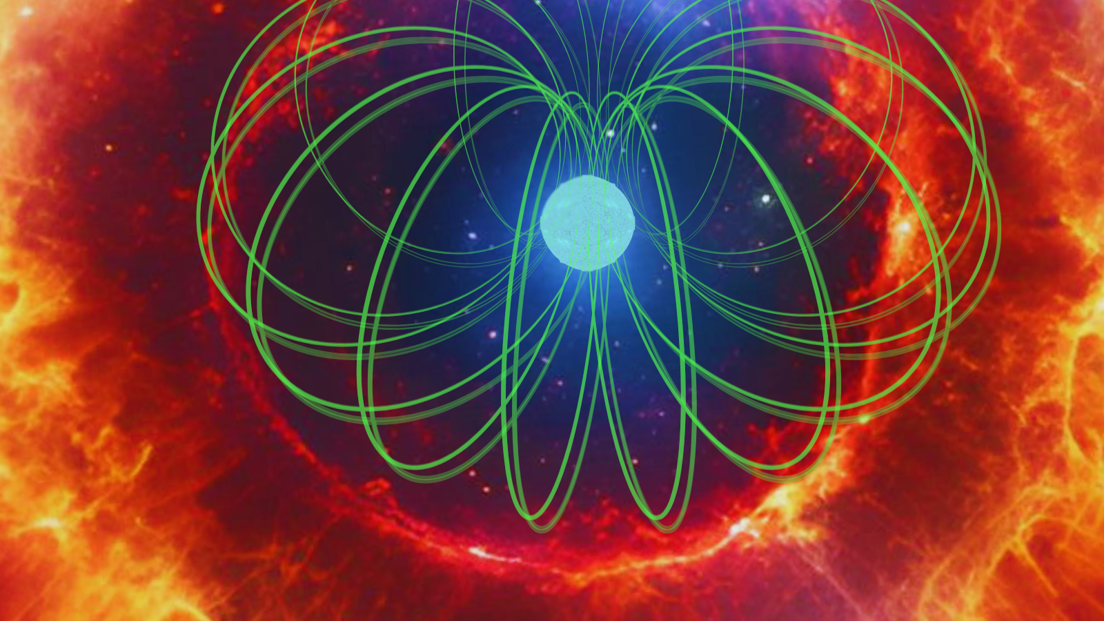 A glowing white sphere surrounded by green magnetic field lines and a fiery halo