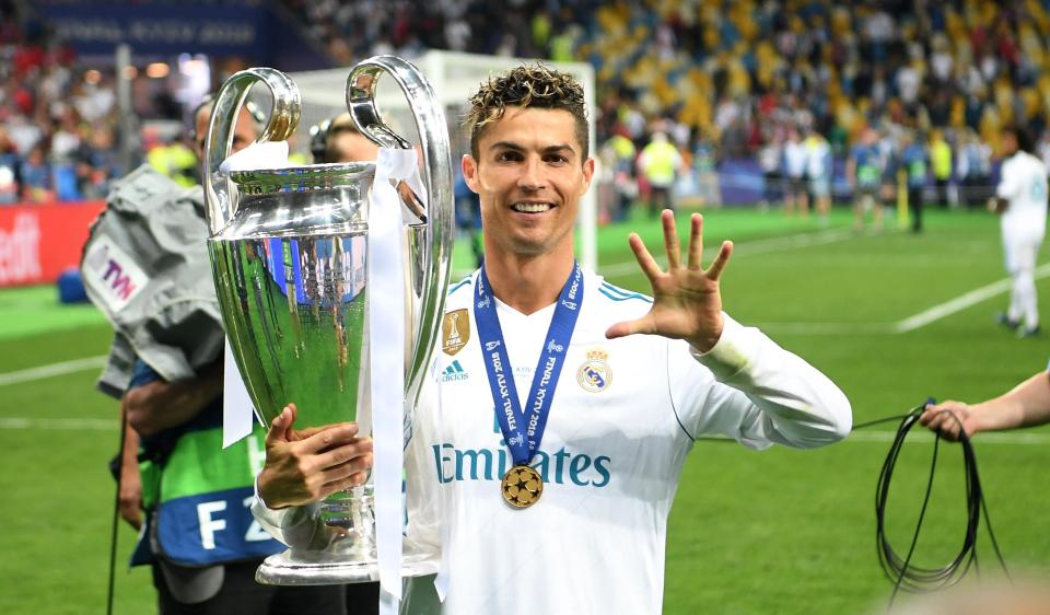 Cristiano Ronaldo holding the Champions League trophy.