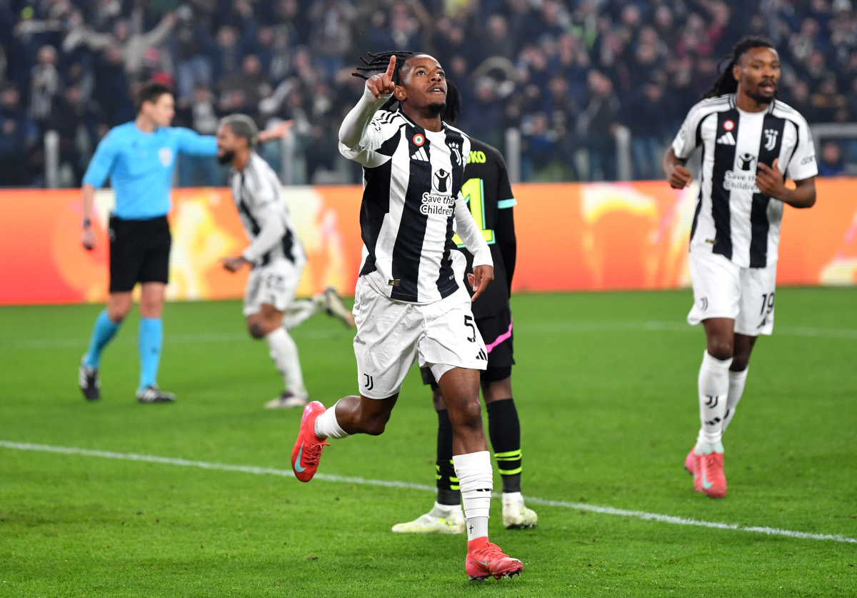 TURIN, ITALY - FEBRUARY 11: Samuel Mbangula of Juventus celebrates scoring his team's second goal during the UEFA Champions League 2024/25 League Knockout Play-off first leg match between Juventus and PSV at Allianz Stadium on February 11, 2025 in Turin, Italy. (Photo by Valerio Pennicino/Getty Images)