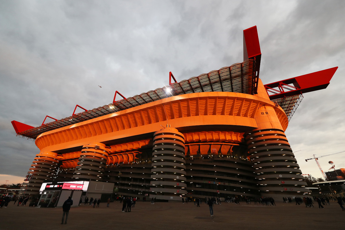 MILAN, ITALY - NOVEMBER 23: General view outside the stadium prior to the Serie A match between AC Milan and Juventus at Stadio Giuseppe Meazza on November 23, 2024 in Milan, Italy. (Photo by Marco Luzzani/Getty Images)