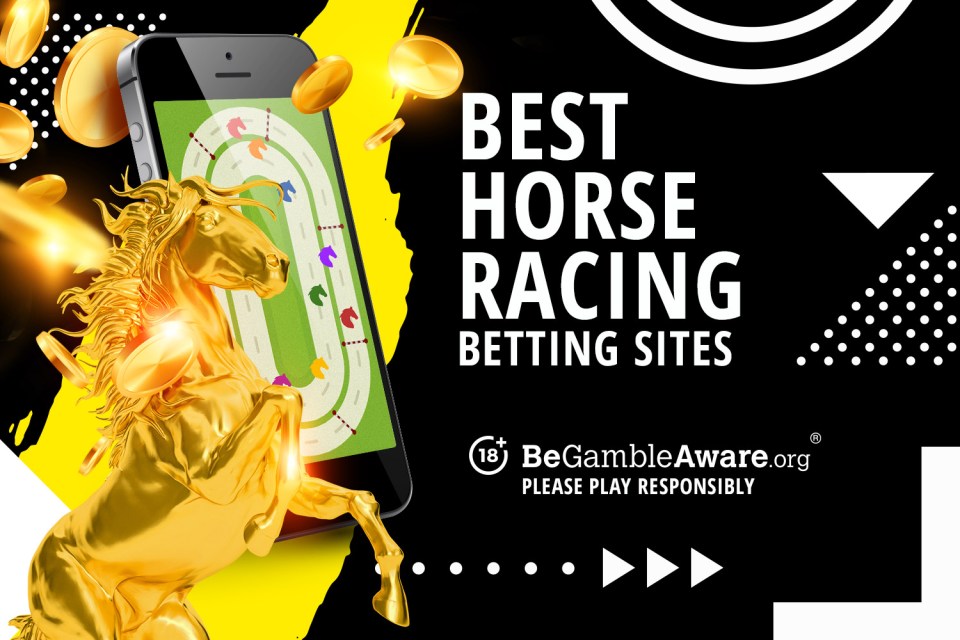 Illustration of a golden horse rearing up next to a smartphone displaying a horse race track, with the text "Best Horse Racing Betting Sites".