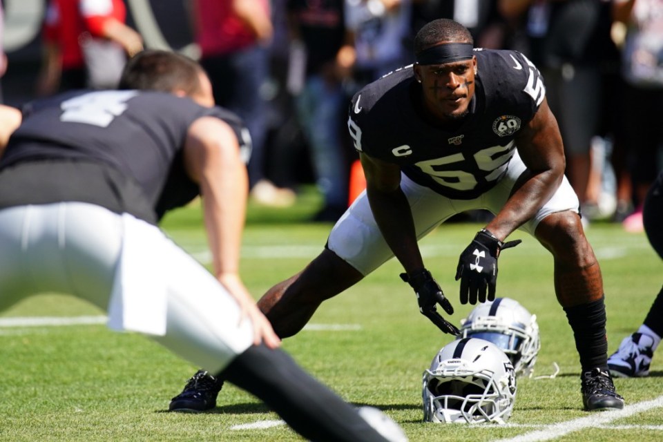 OAKLAND, CALIFORNIA - SEPTEMBER 15: Vontaze Burfict #55 of the Oakland Raiders warms up prior to the game against the Kansas City Chiefs at RingCentral Coliseum on September 15, 2019 in Oakland, California. (Photo by Daniel Shirey/Getty Images)