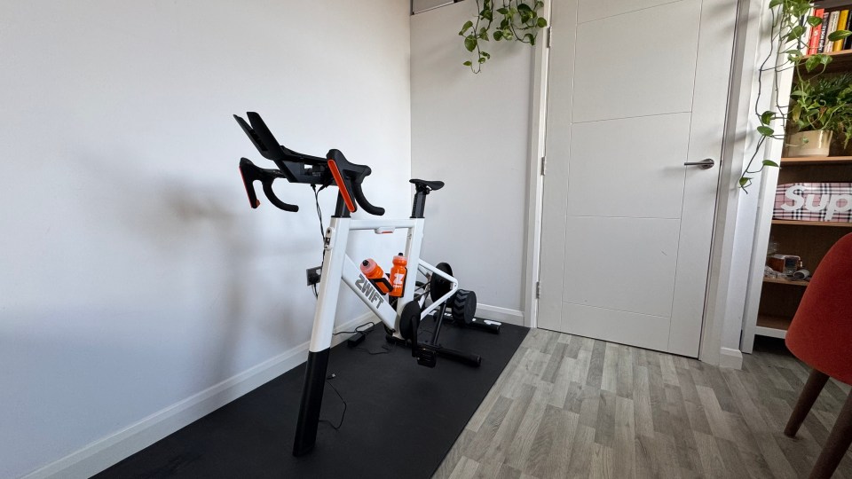 Zwift bike in a room.