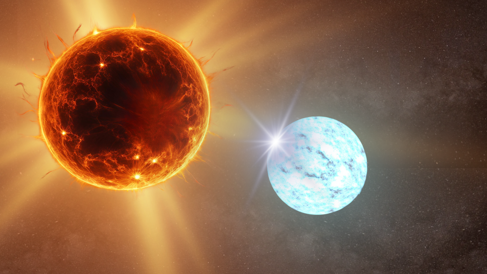 a small white-and-blue mottled orb next to a fiery red-and-orange orb, against a background of stars