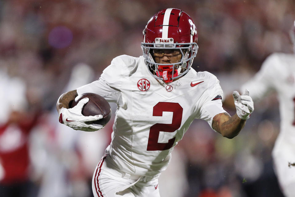 NORMAN, OKLAHOMA - NOVEMBER 23: Wide receiver Ryan Williams #2 of the Alabama Crimson Tide takes a 19-yard catch for a 30-yard gain against the Oklahoma Sooners in the first quarter at Gaylord Family Oklahoma Memorial Stadium on November 23, 2024 in Norman, Oklahoma. Oklahoma won 24-3. (Photo by Brian Bahr/Getty Images)