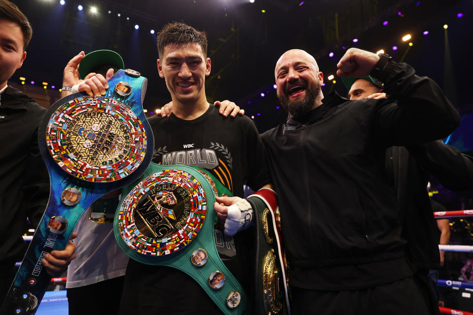 Bivol celebrates his victory. (Richard Pelham/Getty Images)