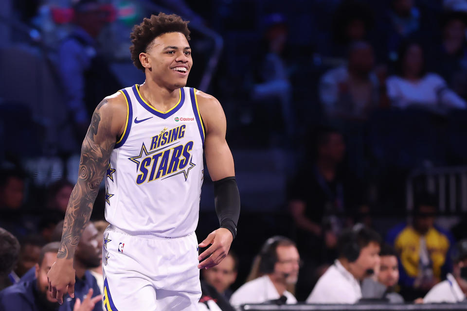 Keyonte George led his team in scoring in the semifinals, then hit the game-winning 3 in the final to advance  to Sunday's All-Star tournament. (Ezra Shaw/Getty Images)