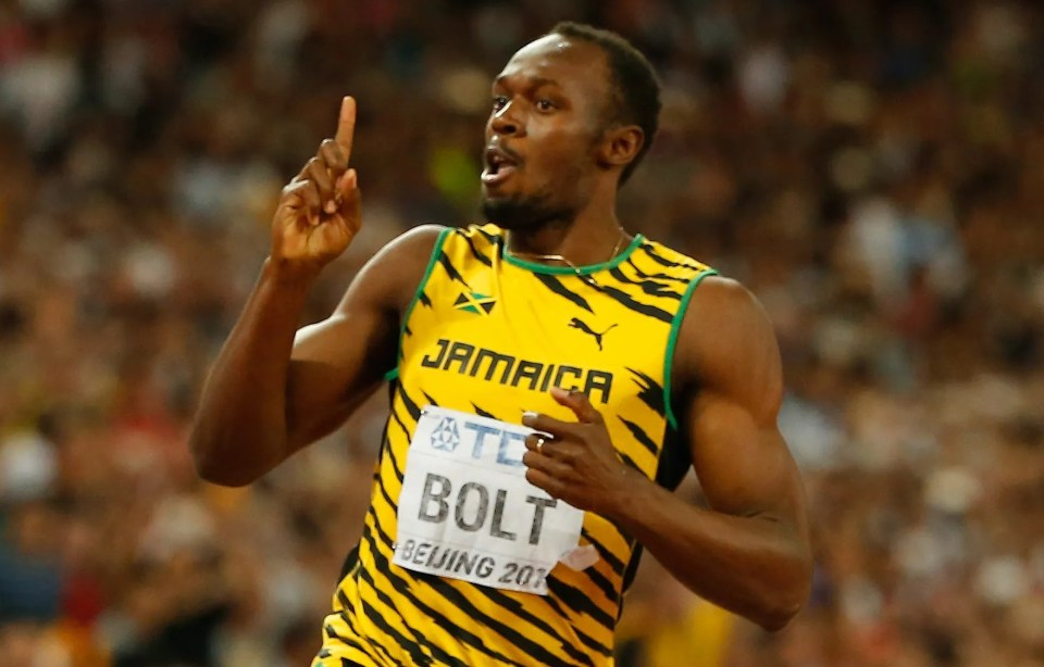 Usain Bolt winning a race.