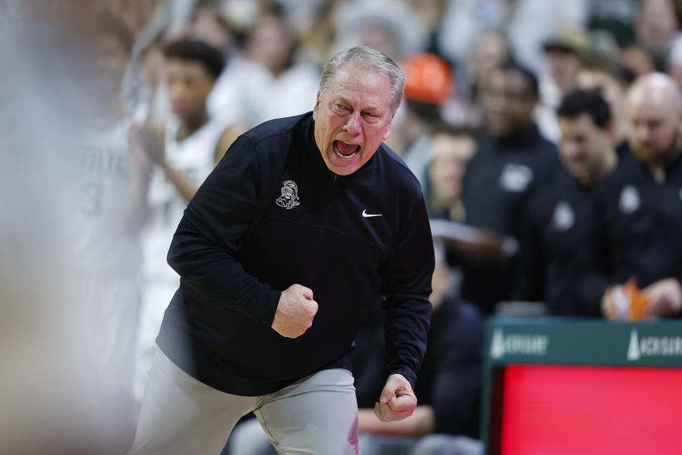 EAST LANSING, MICHIGAN - FEBRUARY 18: Head coach Tom Izzo of the Michigan State Spartans celebrates during the second half against the Purdue Boilermakers at Breslin Center on February 18, 2025 in East Lansing, Michigan.  (Photo by Rey Del Rio/Getty Images)