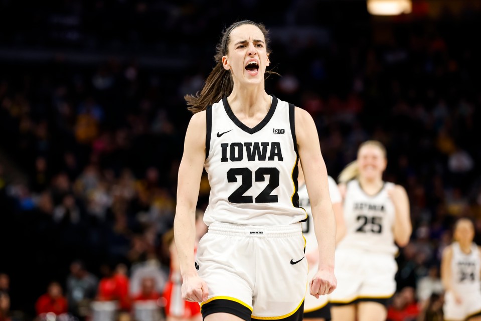 MINNEAPOLIS, MN - MARCH 05: Caitlin Clark #22 of the Iowa Hawkeyes celebrates her three-point basket against the Ohio State Buckeyes in the first half of the championship game of the Big Ten Women's Basketball Tournament at Target Center on March 5, 2023 in Minneapolis, Minnesota. (Photo by David Berding/Getty Images)