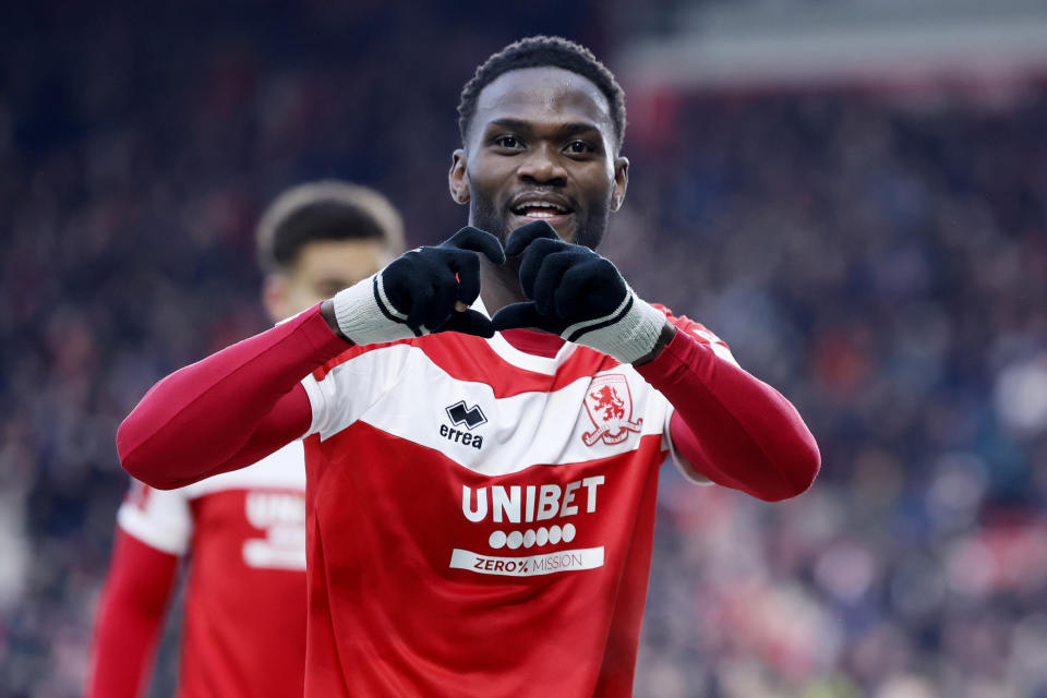 Middlesbrough's Emmanuel Latte Lath celebrates his opening goal during the Sky Bet Championship match at the Riverside Stadium, Middlesbrough. Picture date: Saturday January 4, 2025. (Photo by Richard Sellers/PA Images via Getty Images)