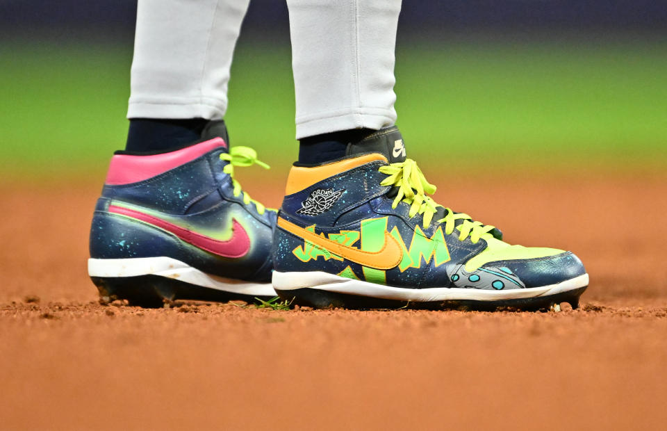 CLEVELAND, OHIO - OCTOBER 19: A detail view of cleats worn by Jazz Chisholm Jr. #13 of the New York Yankees in the second inning against the Cleveland Guardians during Game Five of the American League Championship Series at Progressive Field on October 19, 2024 in Cleveland, Ohio. (Photo by Jason Miller/Getty Images)