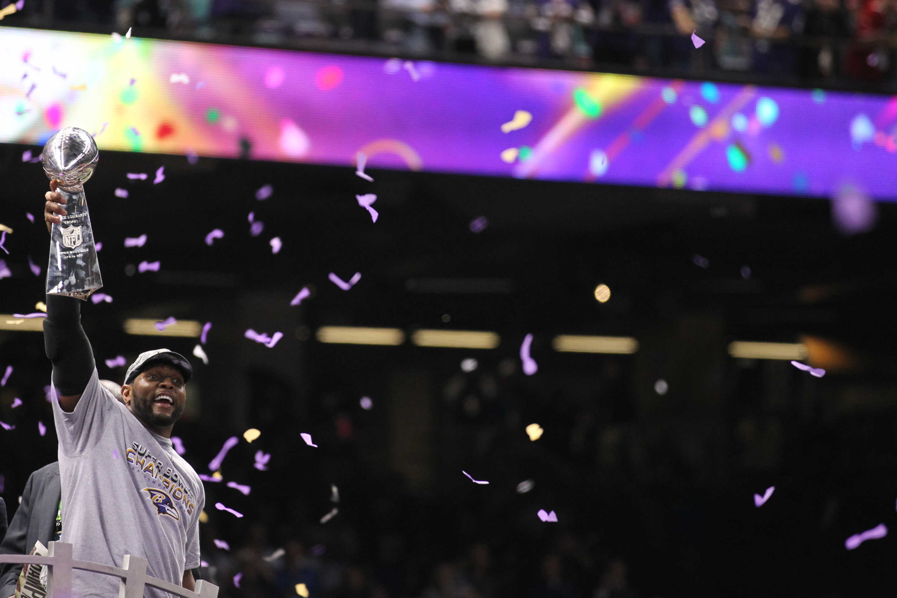 NEW ORLEANS, LA - FEBRUARY 3: Ray Lewis #52 of the Baltimore Ravens holds up the Vince Lombardi Trophy after defeating the San Francisco 49ers during Super Bowl XLVII at Mercedes-Benz Superdome on February 3, 2013 in New Orleans, Louisiana. (Photo by Perry Knotts/Getty Images)