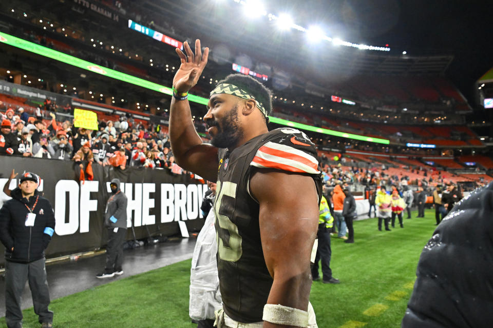 CLEVELAND, OHIO - DECEMBER 29: Defensive end Myles Garrett #95 of the Cleveland Browns waves to fans after the game against the Miami Dolphins at Huntington Bank Field on December 29, 2024 in Cleveland, Ohio. The Dolphins defeated the Browns 20-3. (Photo by Jason Miller/Getty Images)