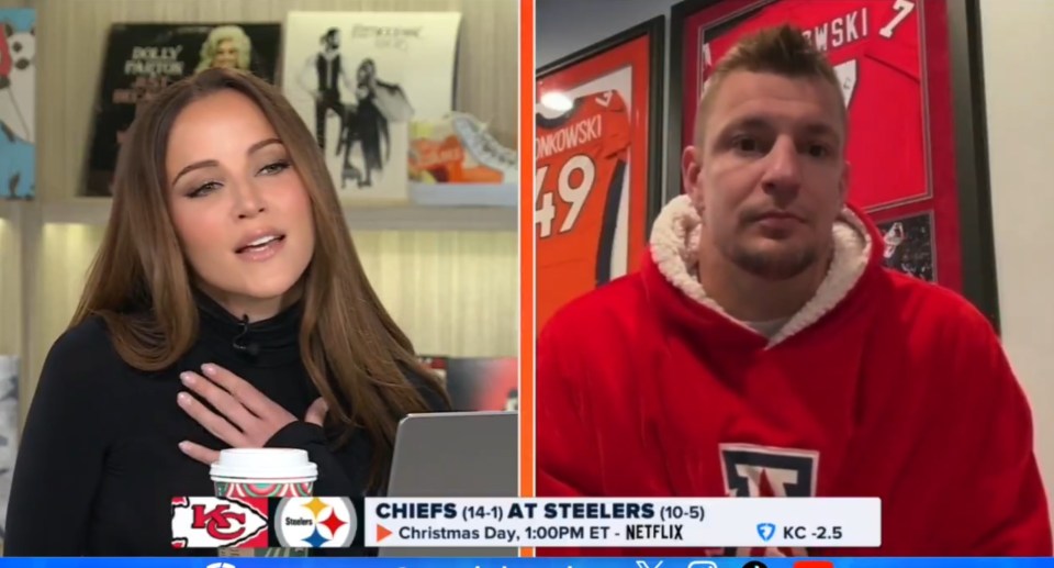 Split screen of a woman and a man discussing the Chiefs vs. Steelers football game.