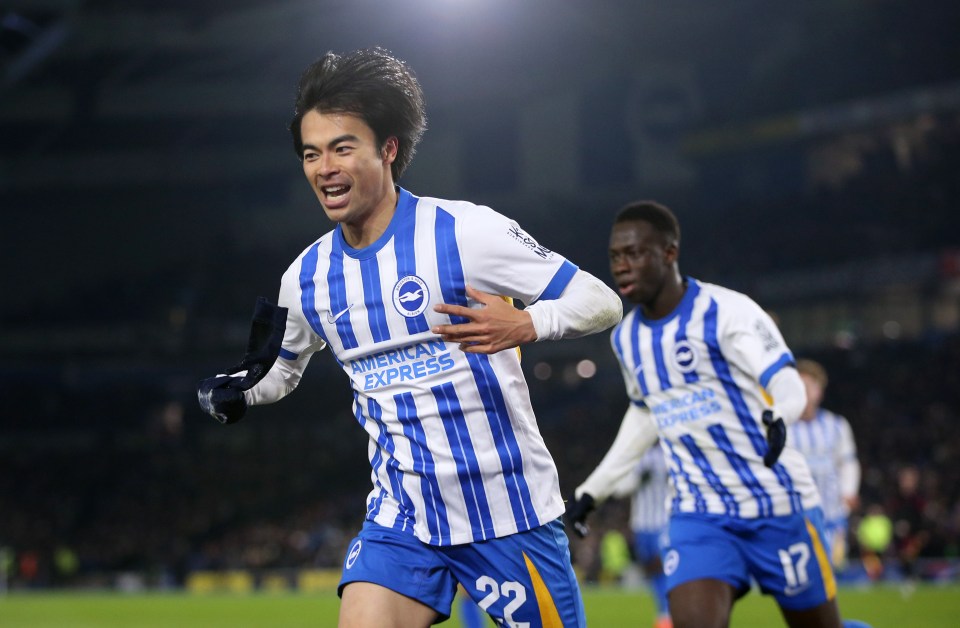 Kaoru Mitoma of Brighton & Hove Albion celebrating a goal.