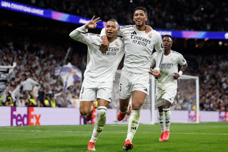 Kylian Mbappé and Jude Bellingham celebrating a goal for Real Madrid.