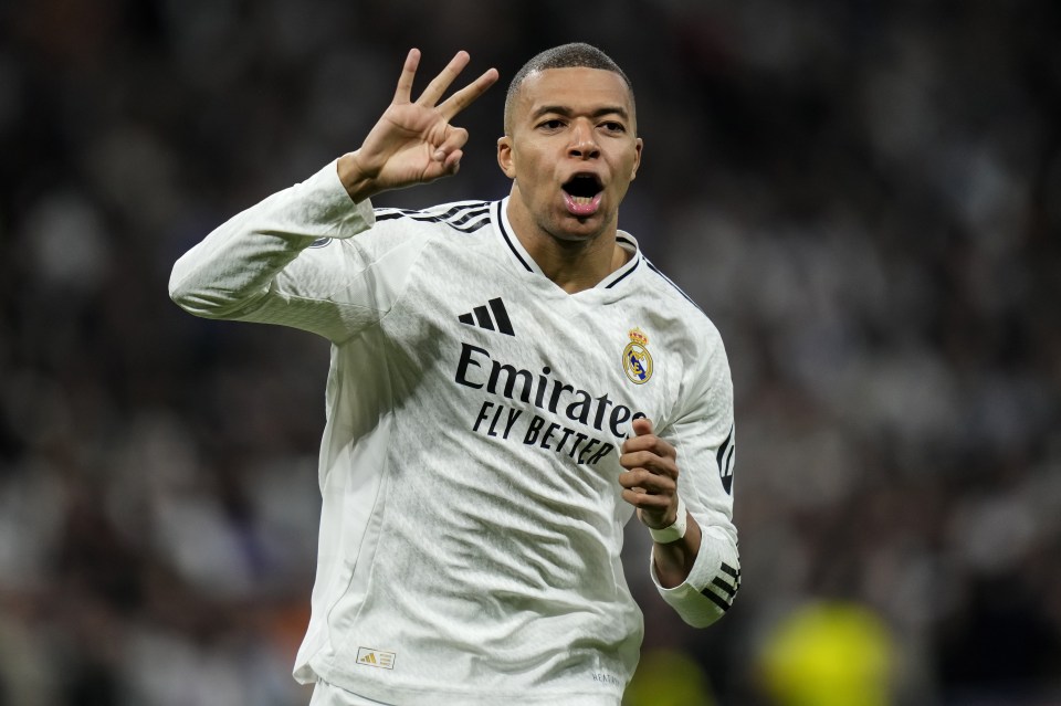 Kylian Mbappé of Real Madrid celebrates a goal.