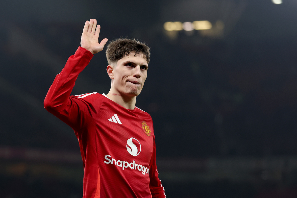 Alejandro Garnacho of Manchester United waves to the Stretford End after the Premier League match between Manchester United FC and Southampton FC at Old Trafford on January 16, 2025 in Manchester, England. (Photo by Carl Recine/Getty Images)