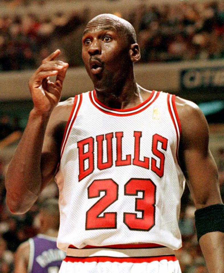 Michael Jordan, Chicago Bulls #23, reacting to a referee's call.