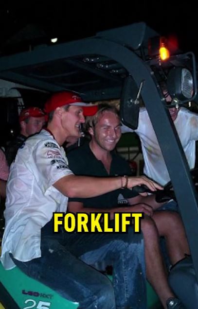 Schumacher took it upon himself to go for a spin in a stolen forklift truck