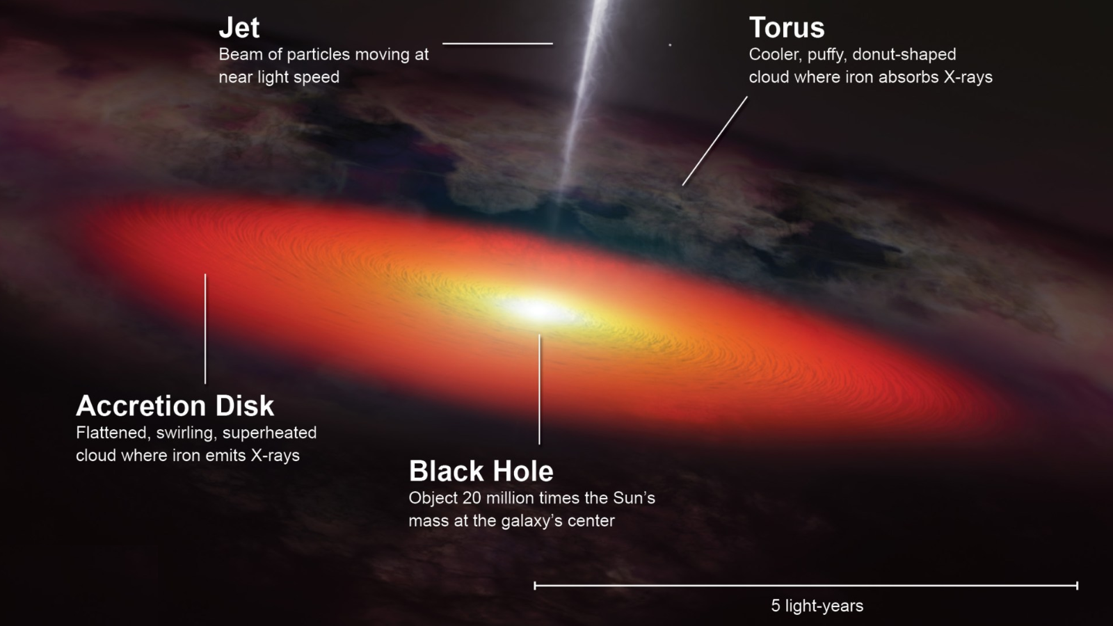 An illustration showing the anatomy of a supermassive black hole and its accretion disk