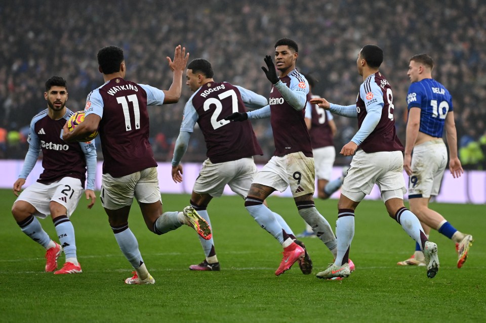 Aston Villa players celebrating a goal.