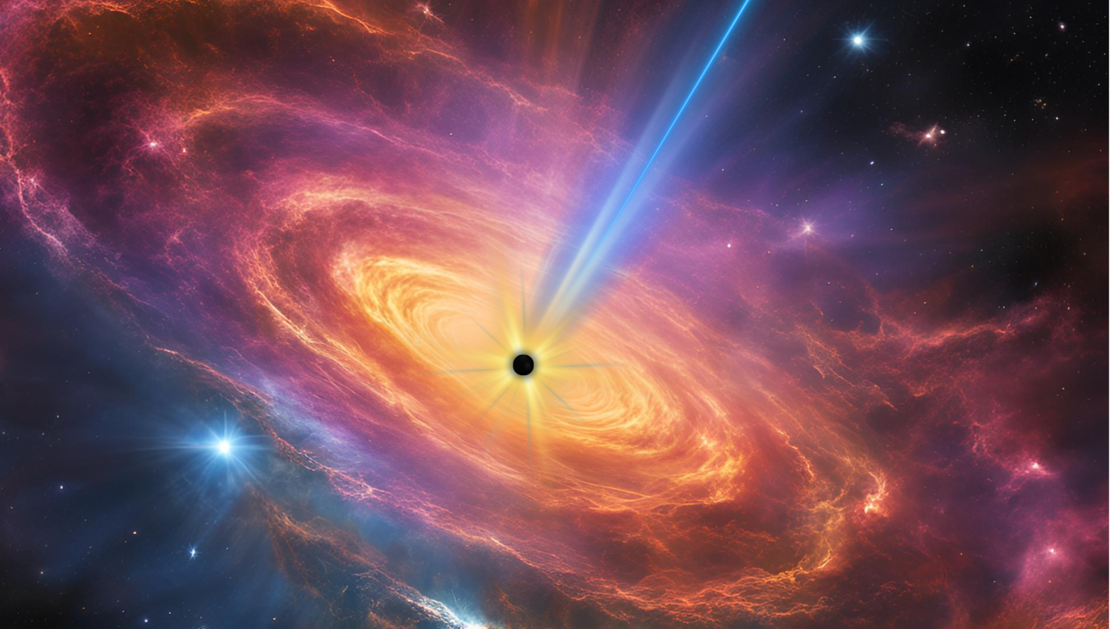 A small black circle in the center of the illustration is surrounded by lots of colorful gas and dust that form a disk-shape of material.