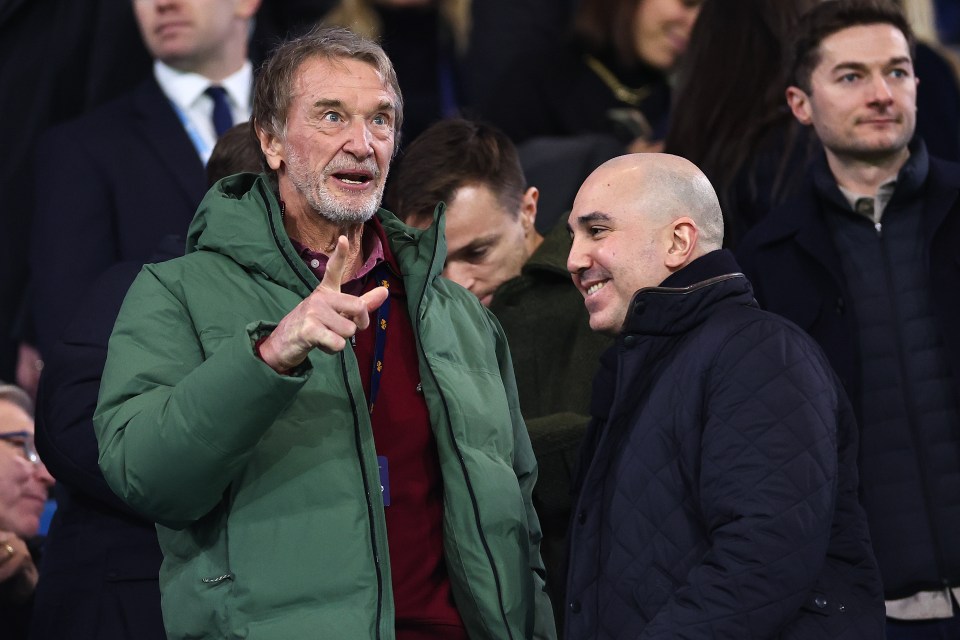 Sir Jim Ratcliffe and Manchester United CEO Omar Berrada at a soccer match.